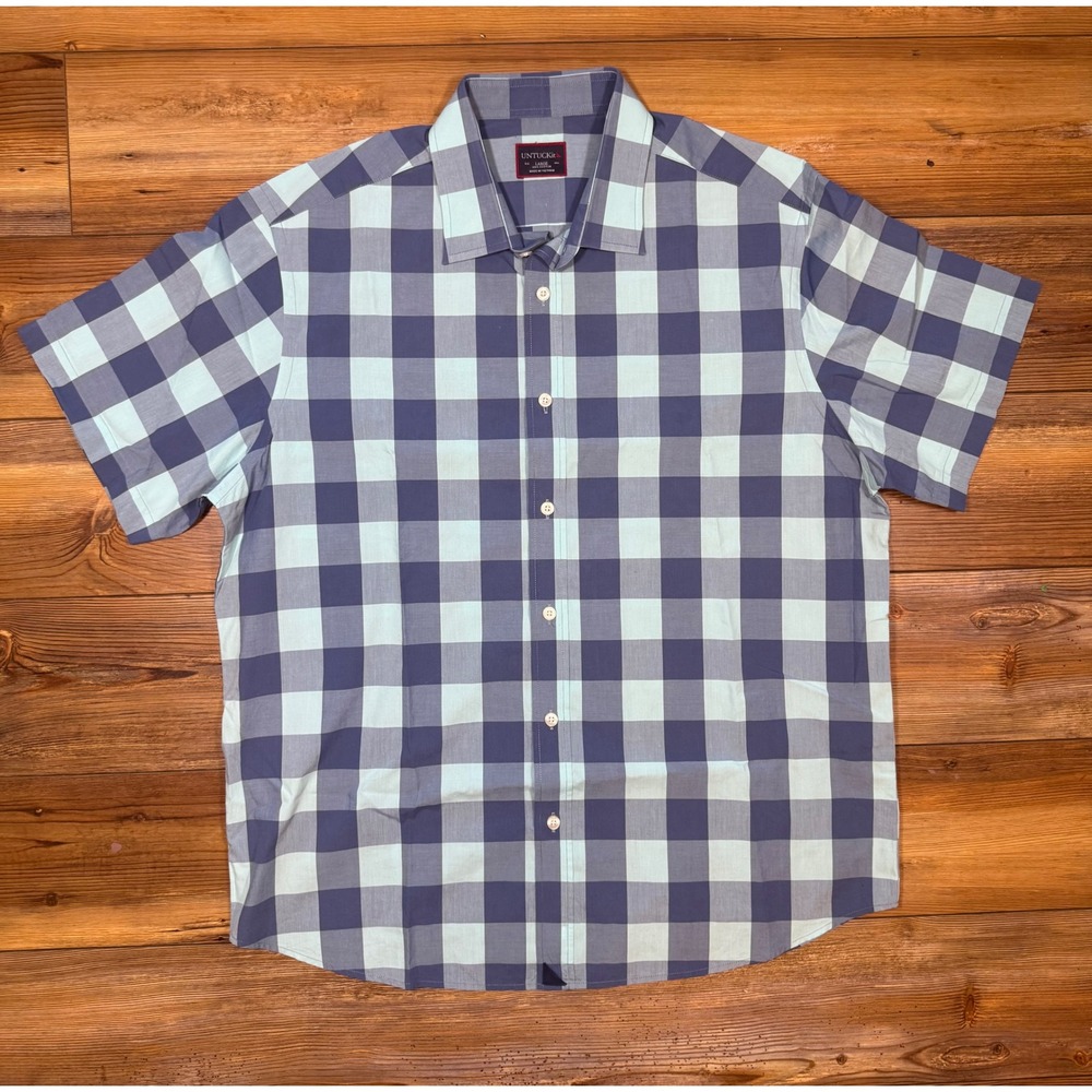 UNTUCKit Mens Large Blue Green Buffalo Check Short Sleeve Cotton Button Down